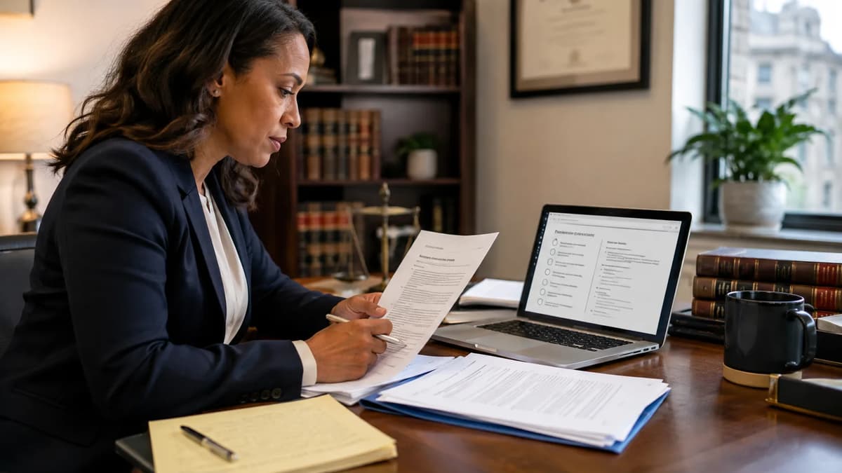 Attorney reviewing court AI disclosure rules and legal filings in a law office