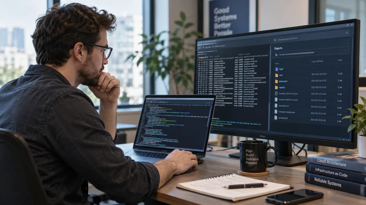 Cloud engineer reviewing terminal output and cloud storage object listings on a laptop and external monitor.