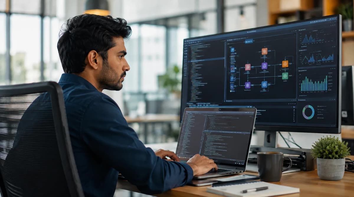 Cloud developer reviewing AWS application code and cloud architecture diagrams while preparing for the Developer Associate certification
