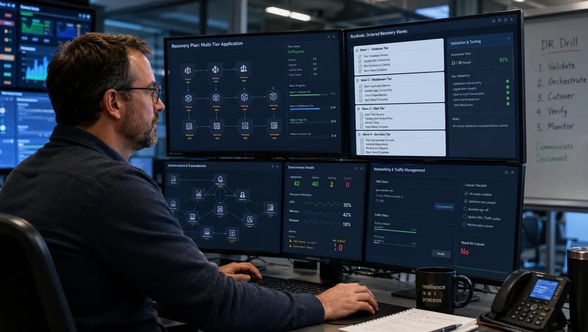 System administrator monitoring AWS DRS recovery waves, application validation, and traffic cutover during a multi-server disaster recovery drill