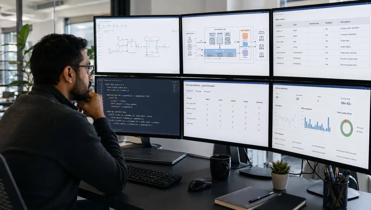 Data platform engineer reviewing AWS Glue 5.1 jobs and Lake Formation permissions for governed data lake writes
