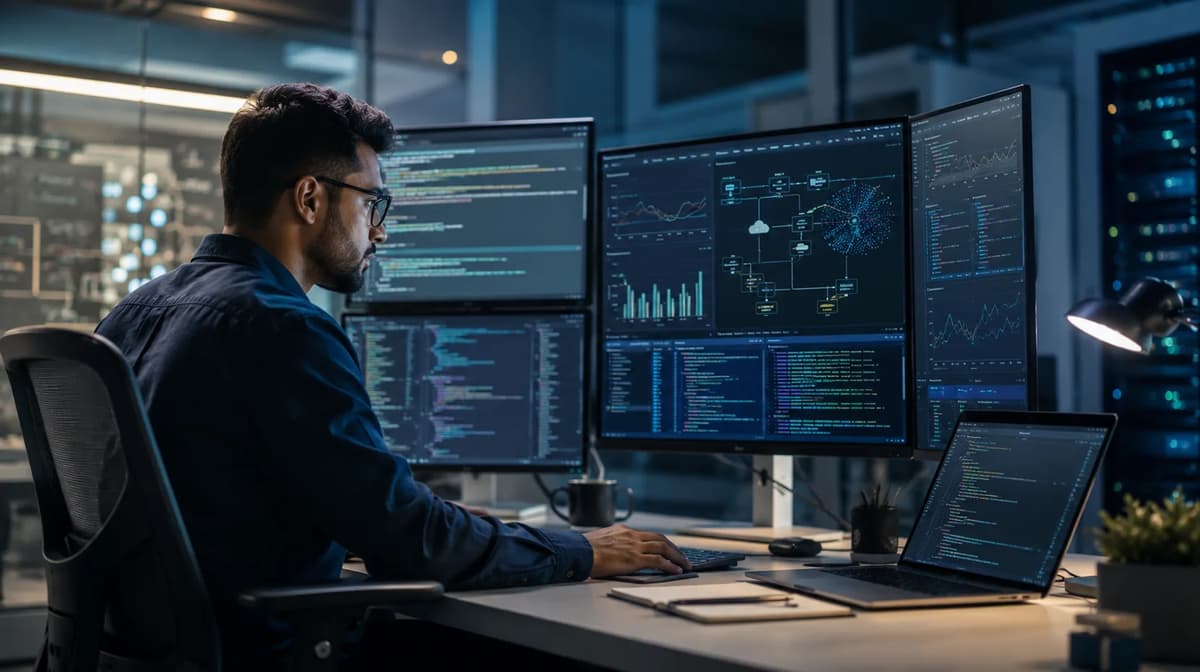 Cloud engineer analyzing AWS Graviton5 ARM migration performance and agentic AI workloads on multiple monitors