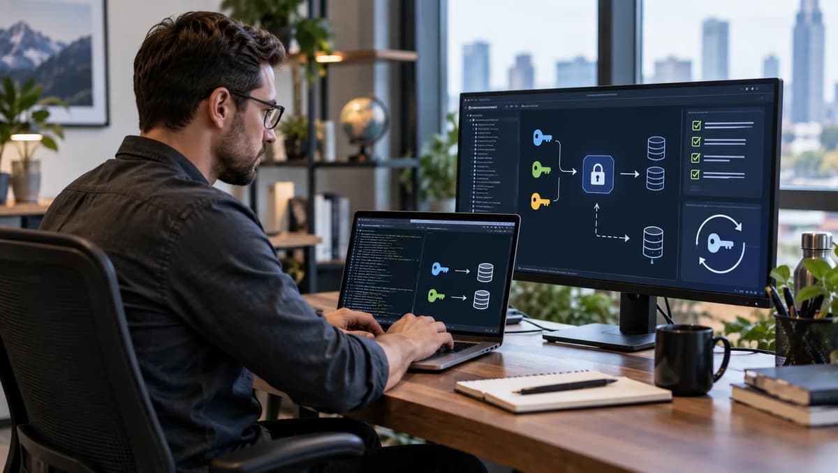 Cloud security engineer validating AWS KMS alias routing, key dependencies, and ciphertext migration on dual monitors