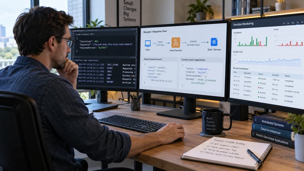 Cloud engineer reviewing AWS Lambda invocation metadata, execution logs, and application responses on multiple monitors