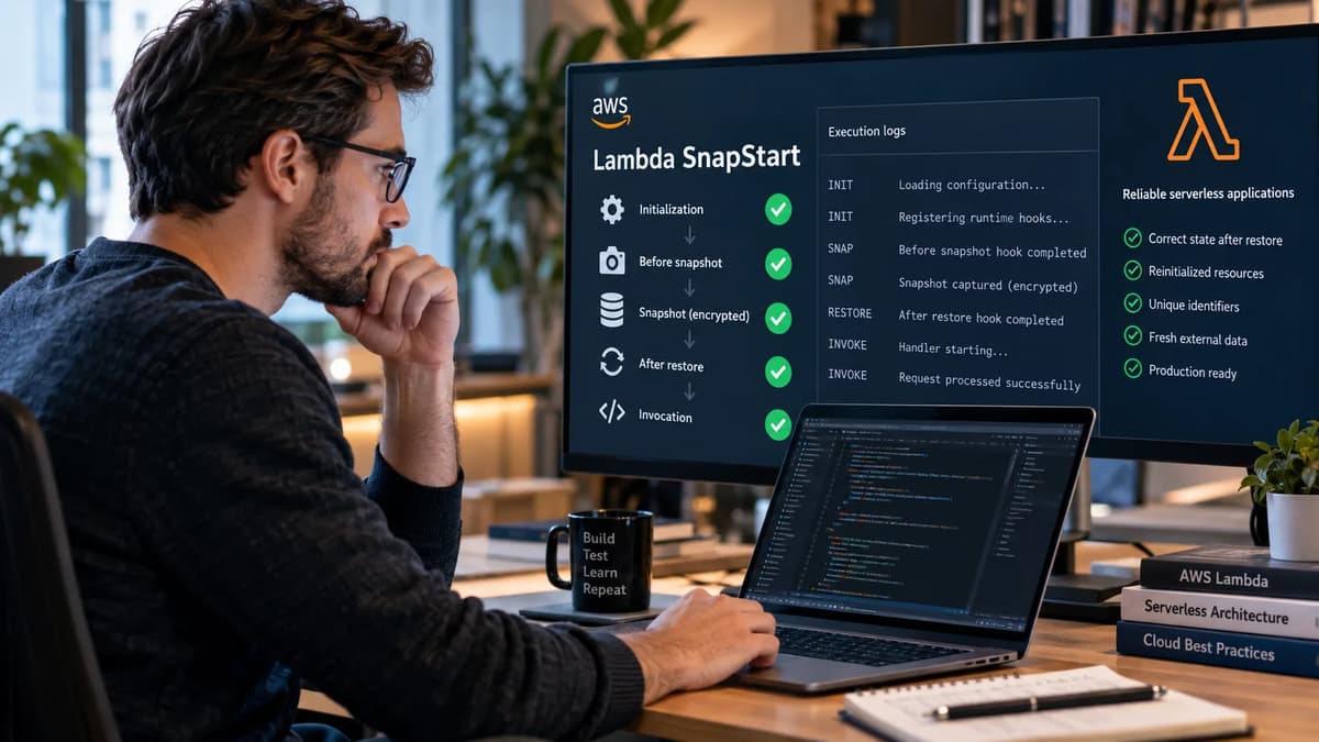 Cloud engineer reviewing AWS Lambda SnapStart restore-state logs and runtime hook evidence on a workstation