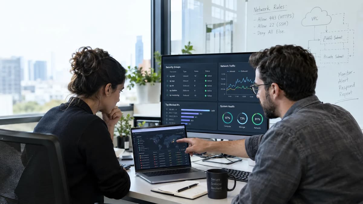Cloud security engineers reviewing security group rules and network connection activity on office monitors