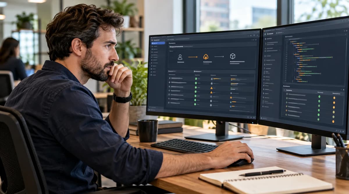 Cloud security engineer reviewing AWS STS session policies and effective IAM permissions on dual monitors