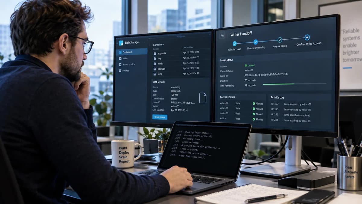 Cloud engineer validating Azure Blob lease status and writer handoff on multiple monitors