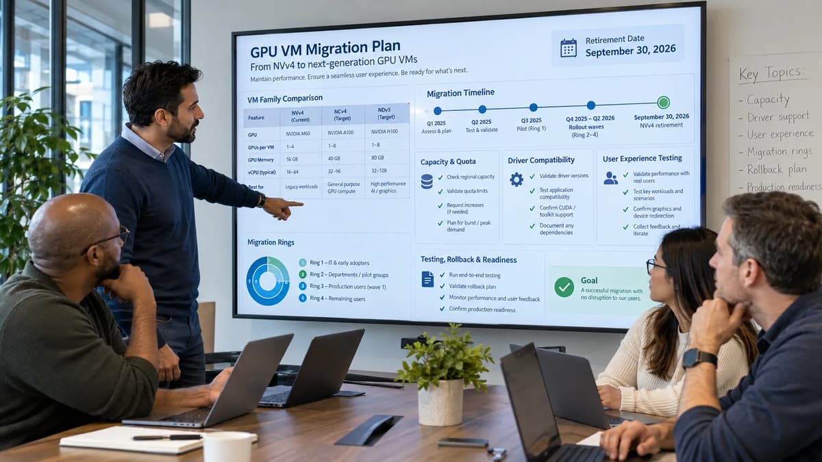 Cloud architects and virtual desktop engineers reviewing Azure GPU VM capacity, driver compatibility, user experience testing, and migration plans