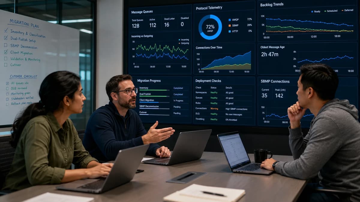 Three software engineers reviewing Azure Service Bus protocol telemetry, queue backlogs, and migration progress during a production cutover meeting
