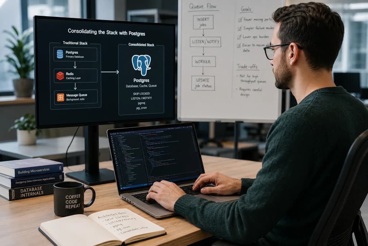 Backend developer reviewing a Postgres architecture that replaces Redis caching and a separate message queue.