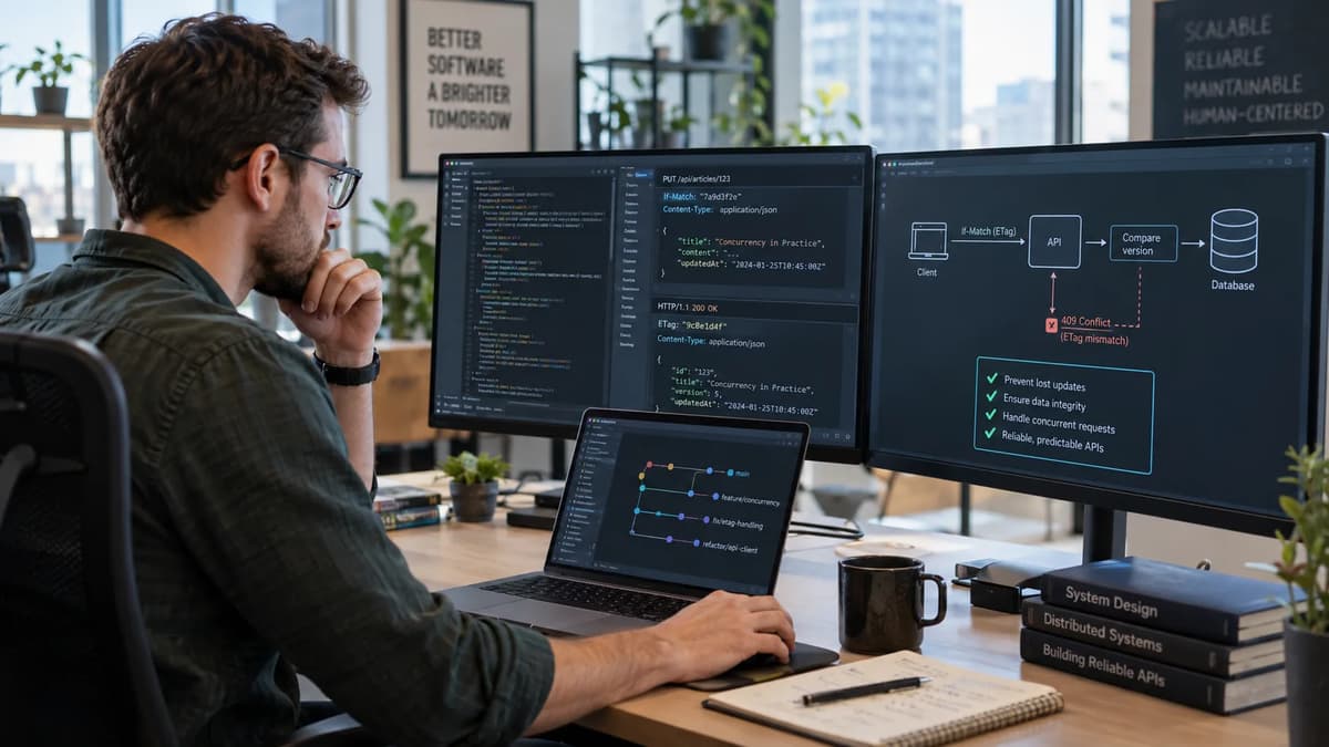 Backend engineer testing strong ETags and atomic If-Match checks to prevent lost updates in an API