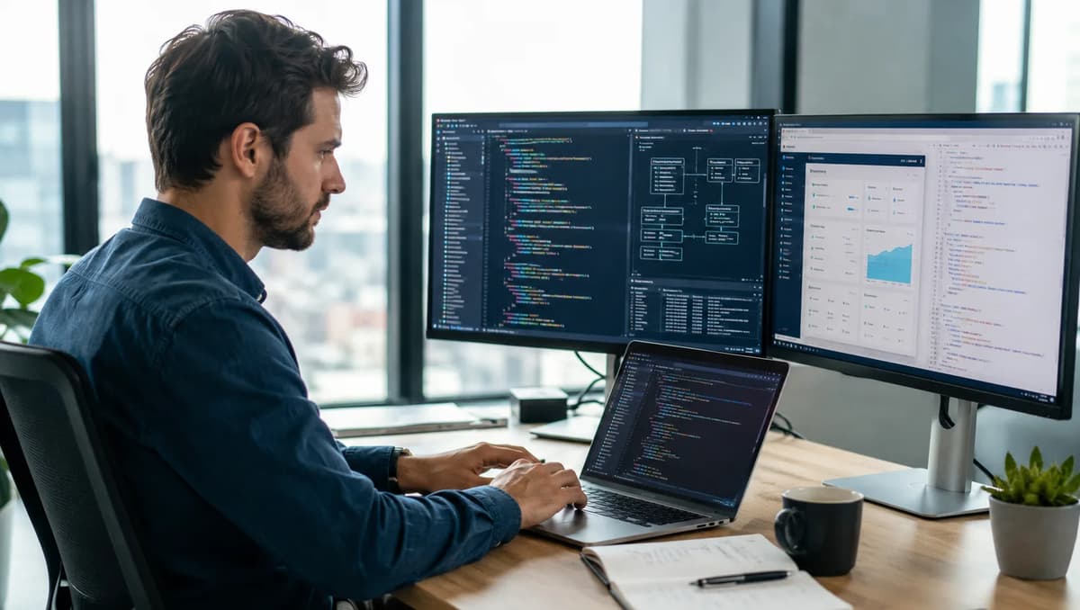 Software developer comparing backend systems and full-stack application code across multiple monitors