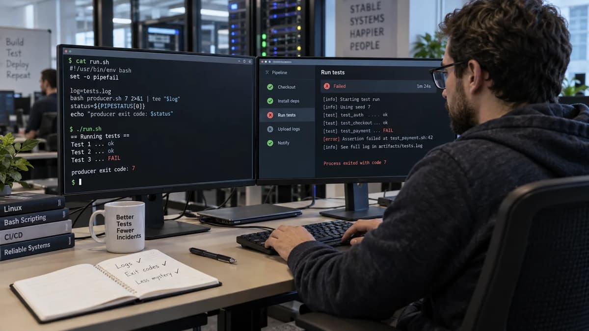Suggested for an image showing an engineer at work: DevOps engineer reviewing Bash pipeline exit codes and tee log output on a workstation.