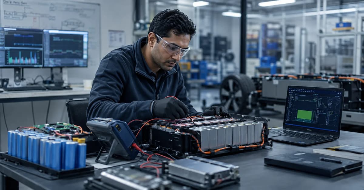 Battery engineer analyzing EV battery cells, pack integration, and battery management system data