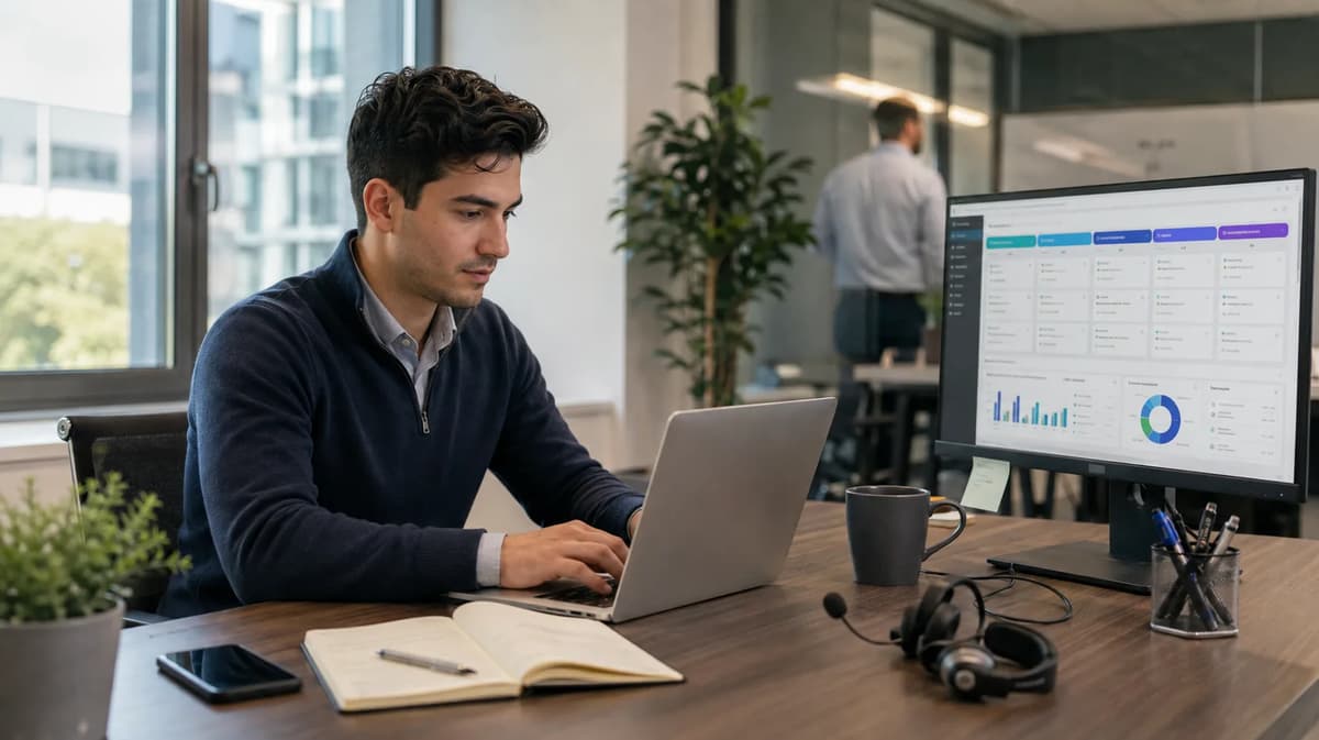 Business development representative working on a laptop with a CRM sales pipeline while preparing for an Account Executive role
