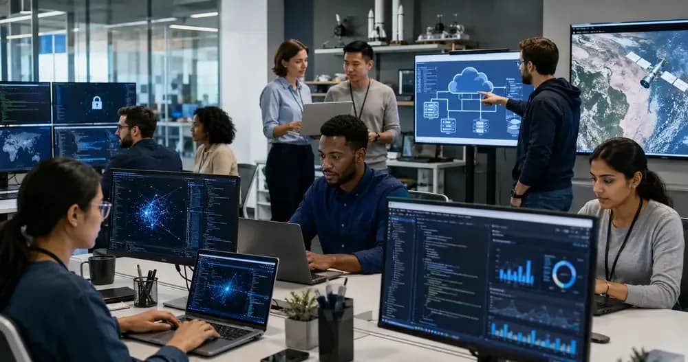 Diverse technology professionals working in AI, data, cybersecurity, cloud, software development and space technology roles