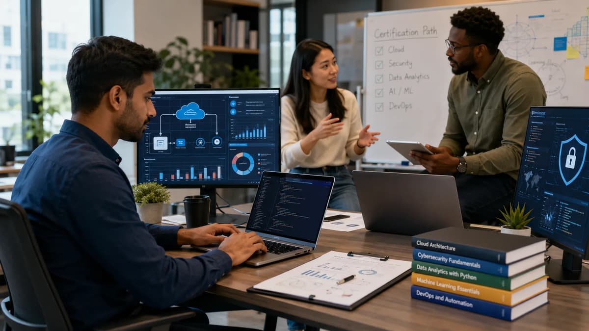 Tech professionals comparing cloud, cybersecurity, data analytics, AI, and DevOps certification pathways in a modern office