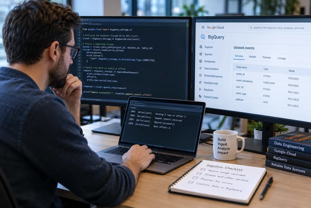 Data engineer monitoring BigQuery Storage Write API stream offsets and ingestion recovery across multiple screens