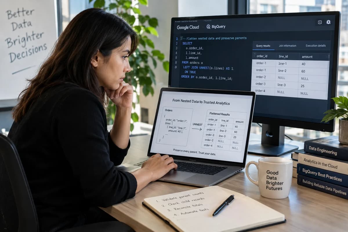 Data engineer reviewing BigQuery UNNEST results to preserve parent rows with empty arrays