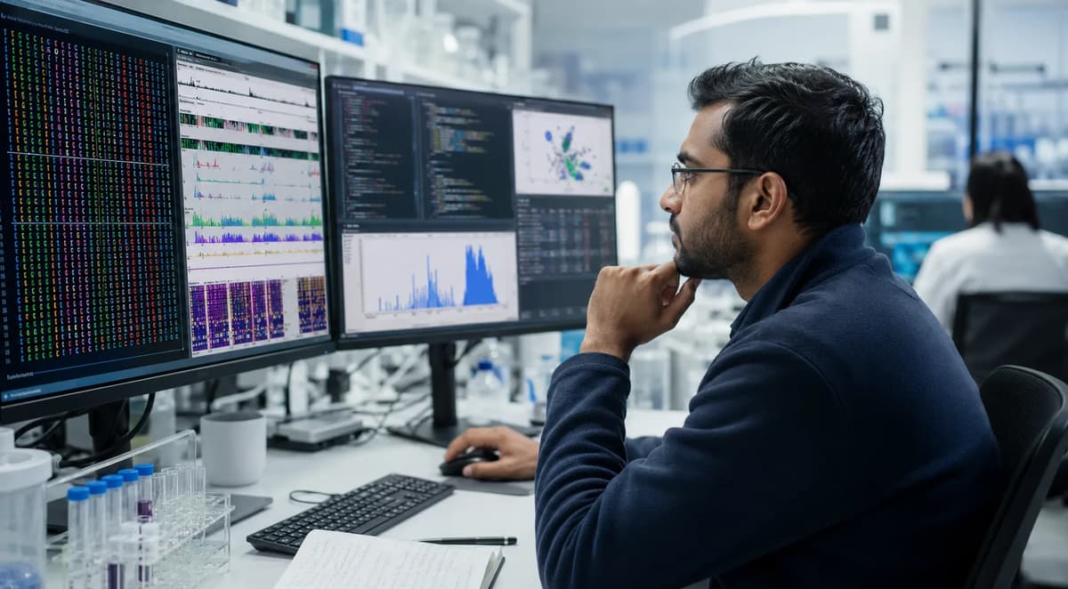 Bioinformatics scientist analyzing genomic sequencing data on multiple monitors in a modern laboratory