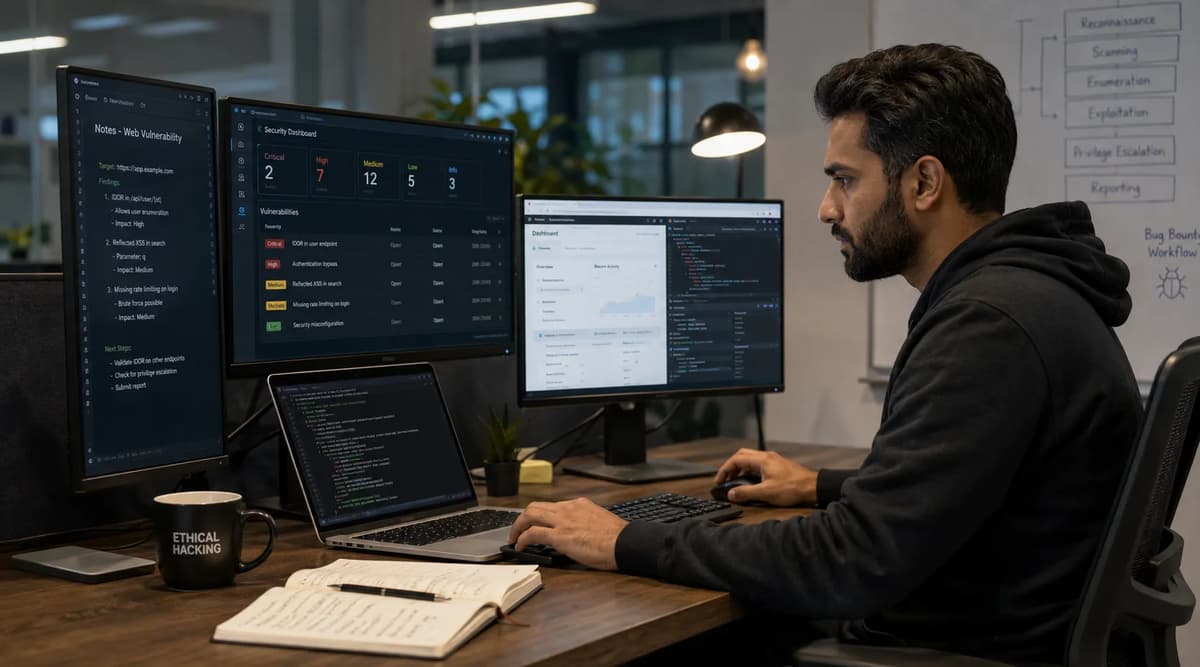 Bug bounty hunter analyzing web application vulnerabilities on multiple monitors in a modern office