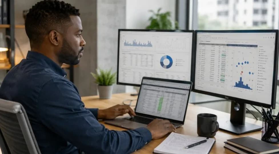 Business analyst working with Excel spreadsheets and data dashboards on multiple monitors