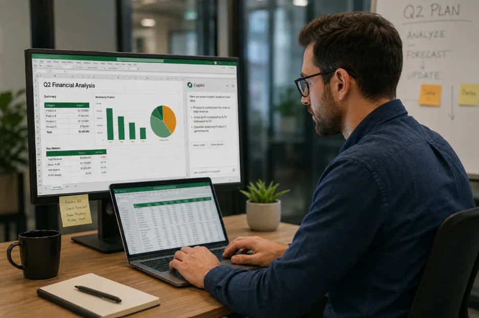 Business analyst using Copilot in Excel to review financial data, charts, and business insights