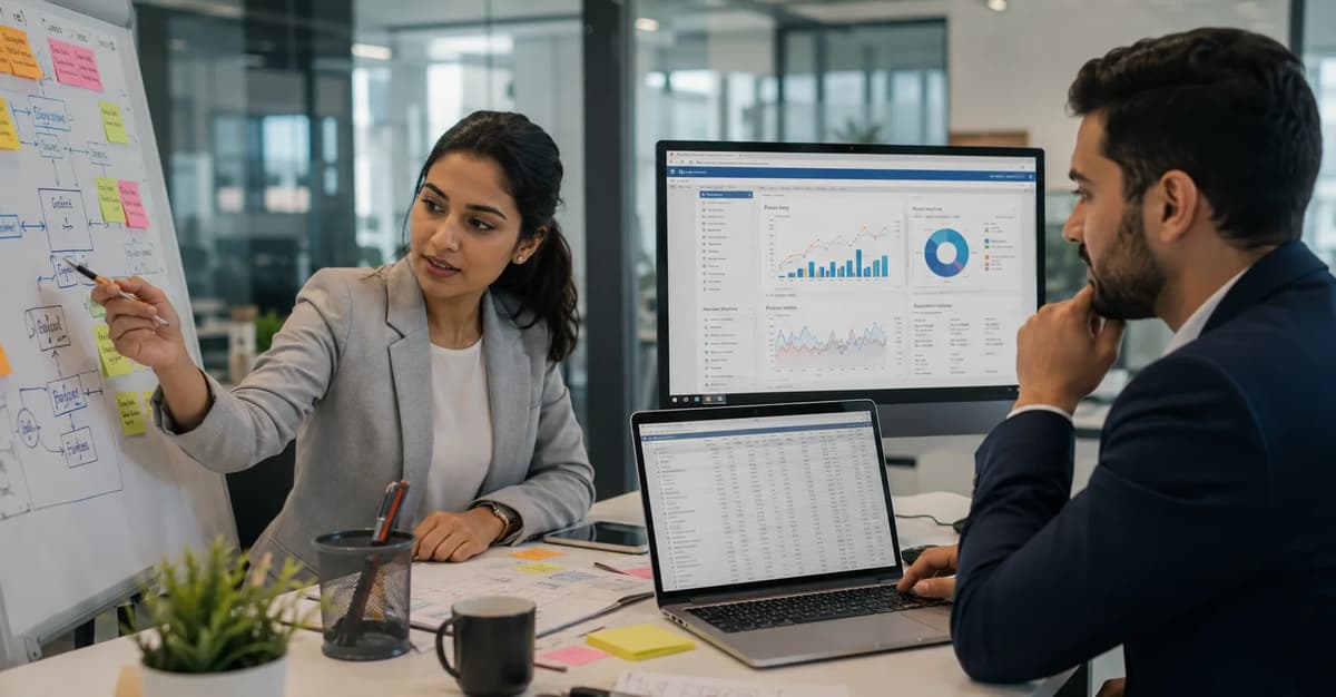Business analyst and data analyst collaborating on process maps, spreadsheets, and data dashboards in a modern office