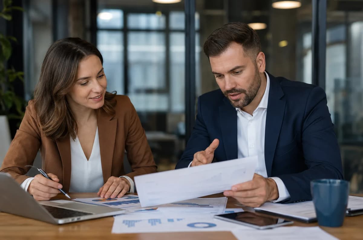 Business development manager and partnership manager reviewing salary and performance data during an office meeting