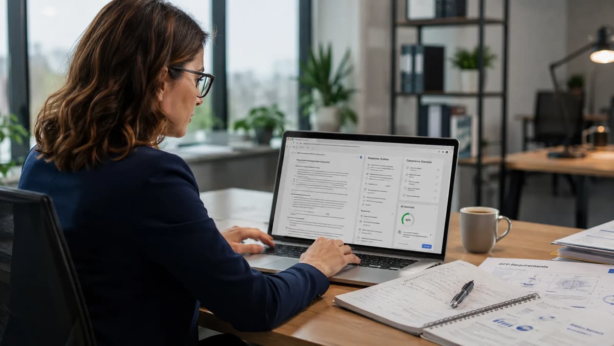 Business development professional using AI proposal automation to prepare and review an RFP response