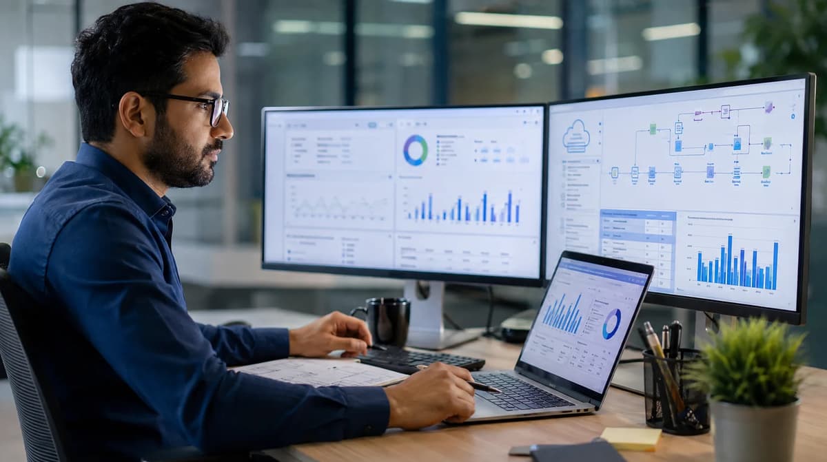 Business intelligence analyst reviewing Power BI dashboards during a Microsoft Fabric migration