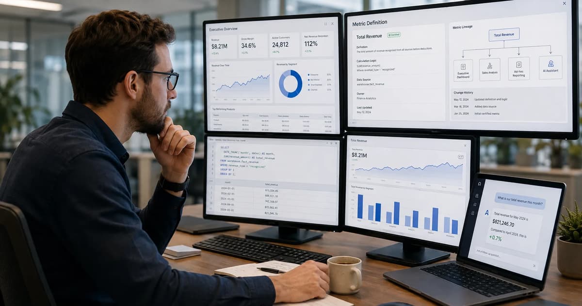 Business intelligence analyst reviewing governed metric definitions and AI-generated dashboard results across multiple monitors