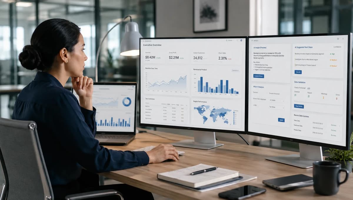Business intelligence analyst reviewing AI-generated dashboards and validating enterprise data insights on multiple monitors