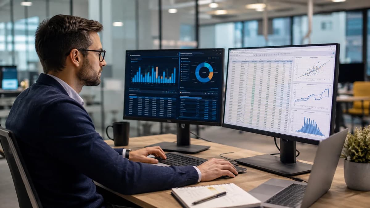 Business intelligence analyst reviewing KPI dashboards and data analysis charts on dual monitors in a modern office