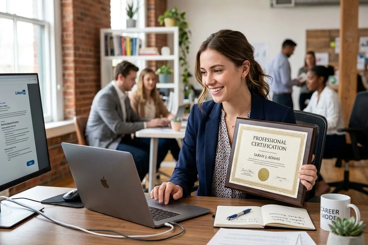 Professional woman holding a certification while applying for jobs on a laptop in a modern office