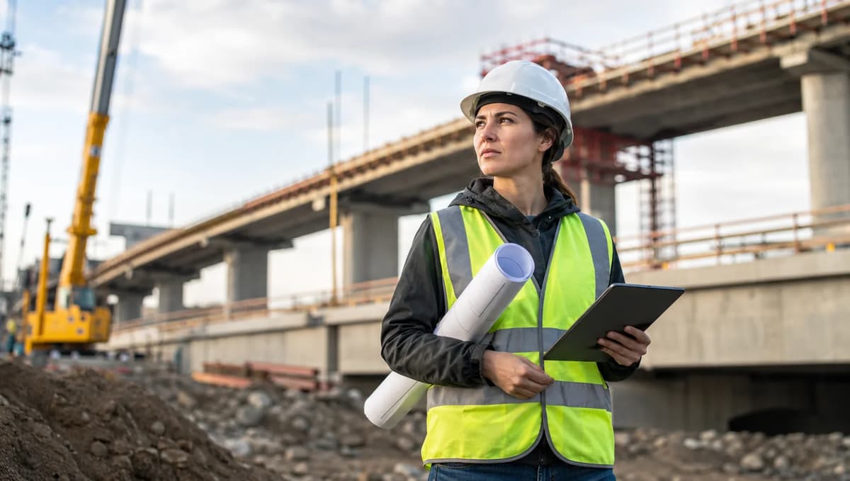 Female civil engineer reviewing blueprints and a tablet at a bridge construction site