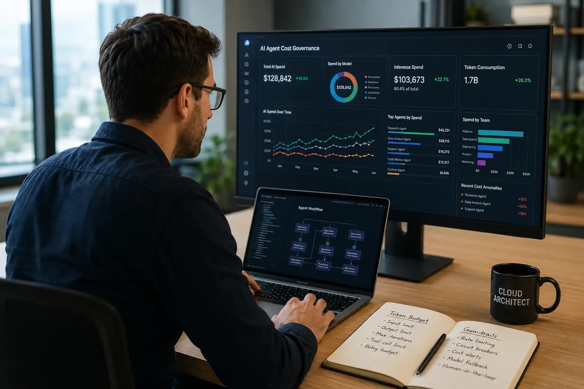 Cloud architect monitoring AI agent costs, token consumption, budget anomalies, and workflow guardrails on a dashboard
