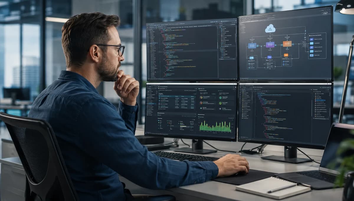 Cloud professional reviewing infrastructure code, monitoring dashboards, and a cloud architecture diagram on multiple screens.
