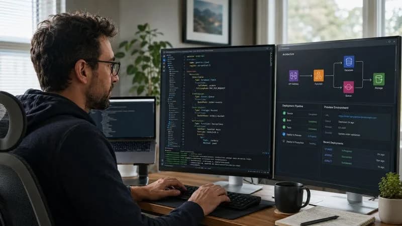 Cloud developer coding application infrastructure and reviewing a cloud deployment pipeline on multiple monitors