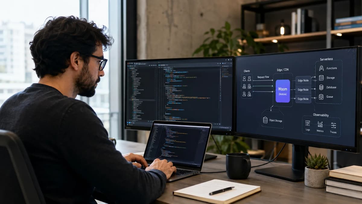 Cloud developer working with server-side WebAssembly code and edge computing architecture