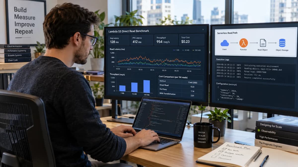 Cloud performance engineer benchmarking Lambda S3 Files direct-read latency, throughput, and cost