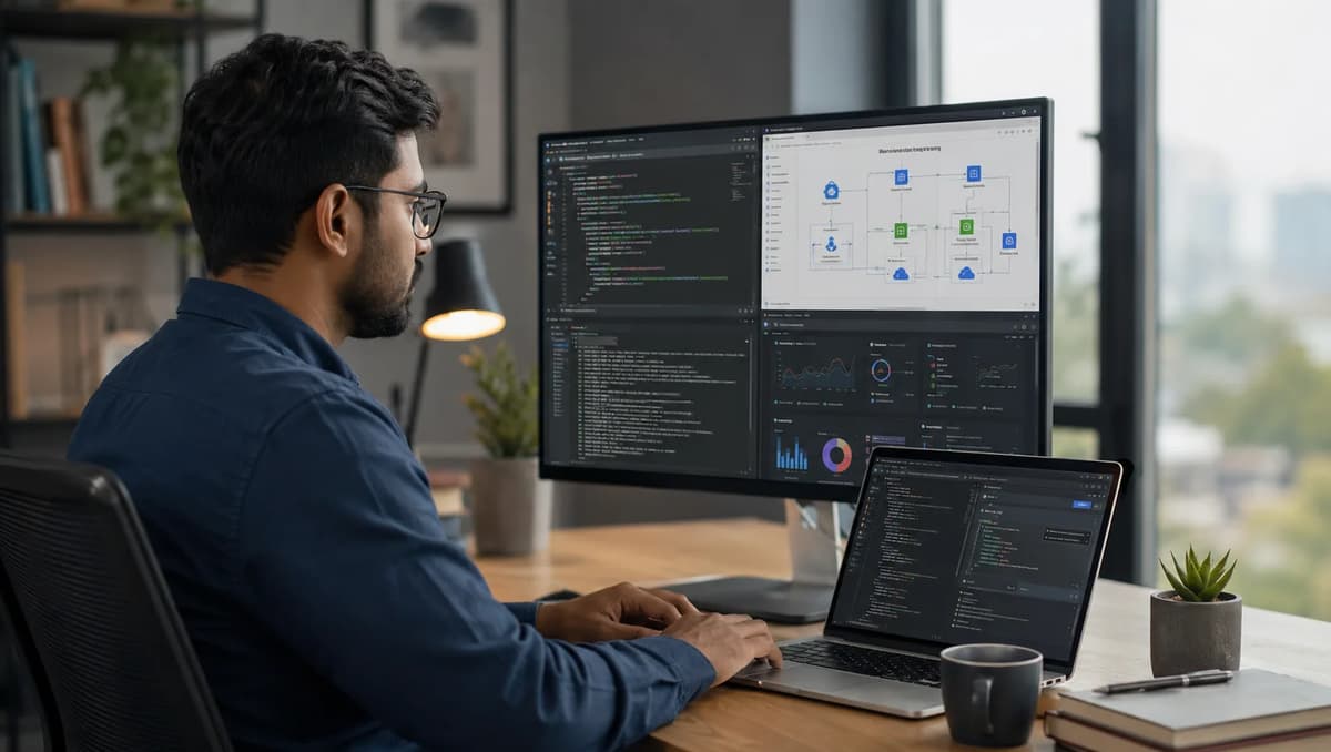 Cloud professional working with application code, cloud infrastructure diagrams, and monitoring dashboards