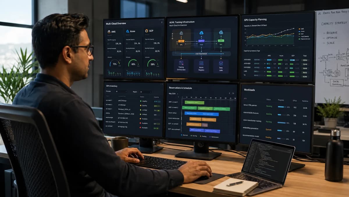 Cloud engineer monitoring GPU capacity reservations across AWS, Azure, and GCP