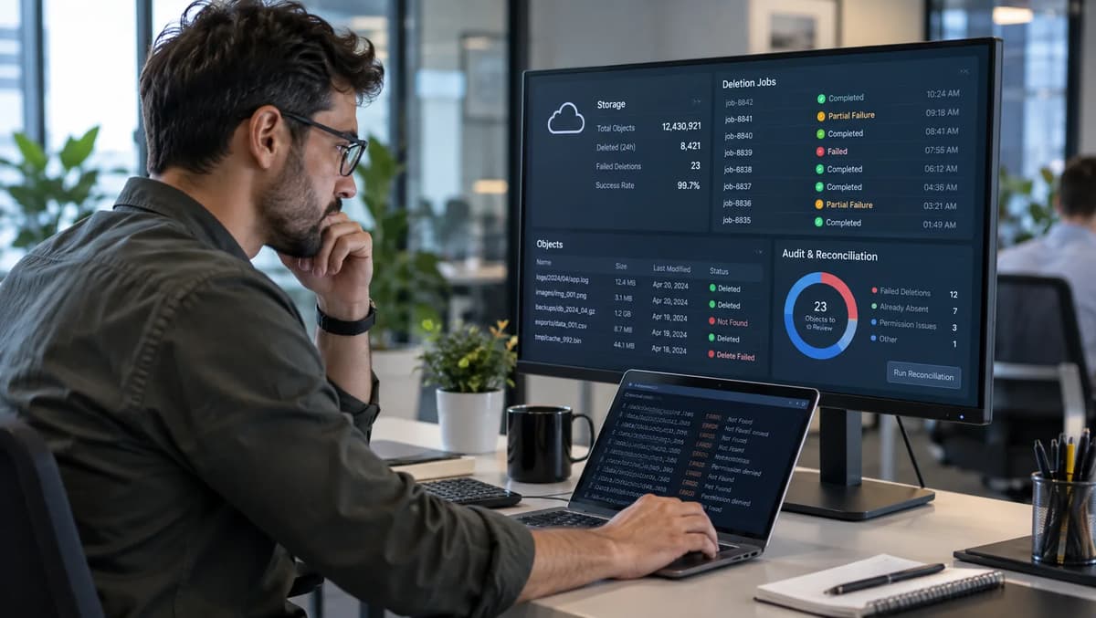Cloud engineer reviewing S3 DeleteObjects partial failures and per-key reconciliation results on a monitoring dashboard