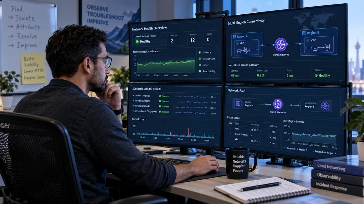 Cloud network engineer monitoring Network Health Indicator data and Transit Gateway inter-Region connectivity across multiple dashboards