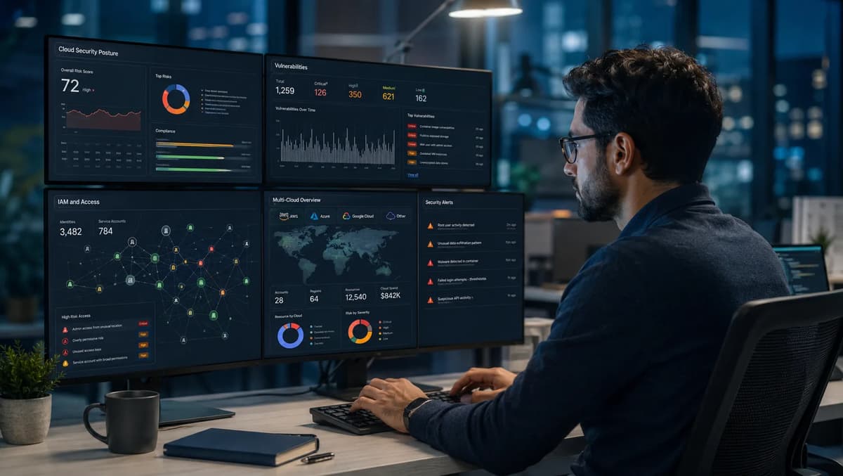Cloud security engineer monitoring CNAPP risk, IAM, vulnerabilities, and multicloud security dashboards at work