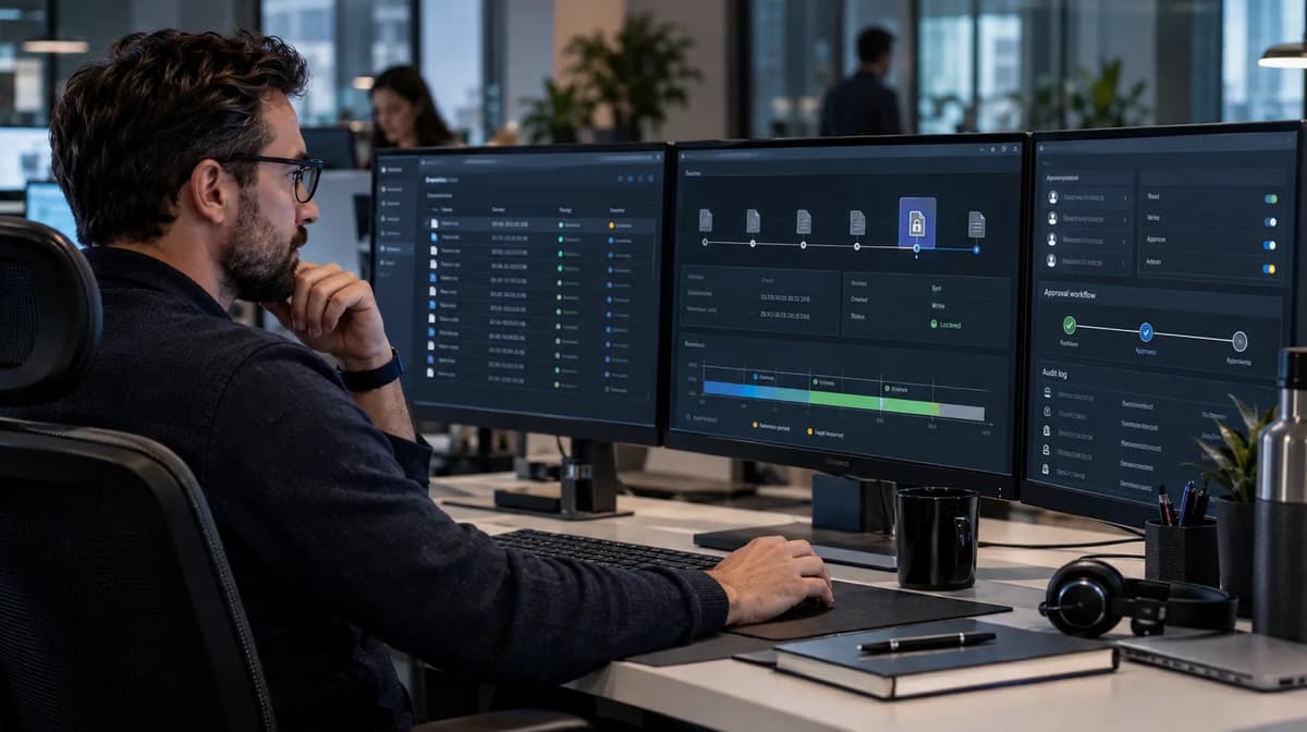 Cloud security engineer reviewing S3 Object Lock event-hold release states and audit evidence on multiple monitors