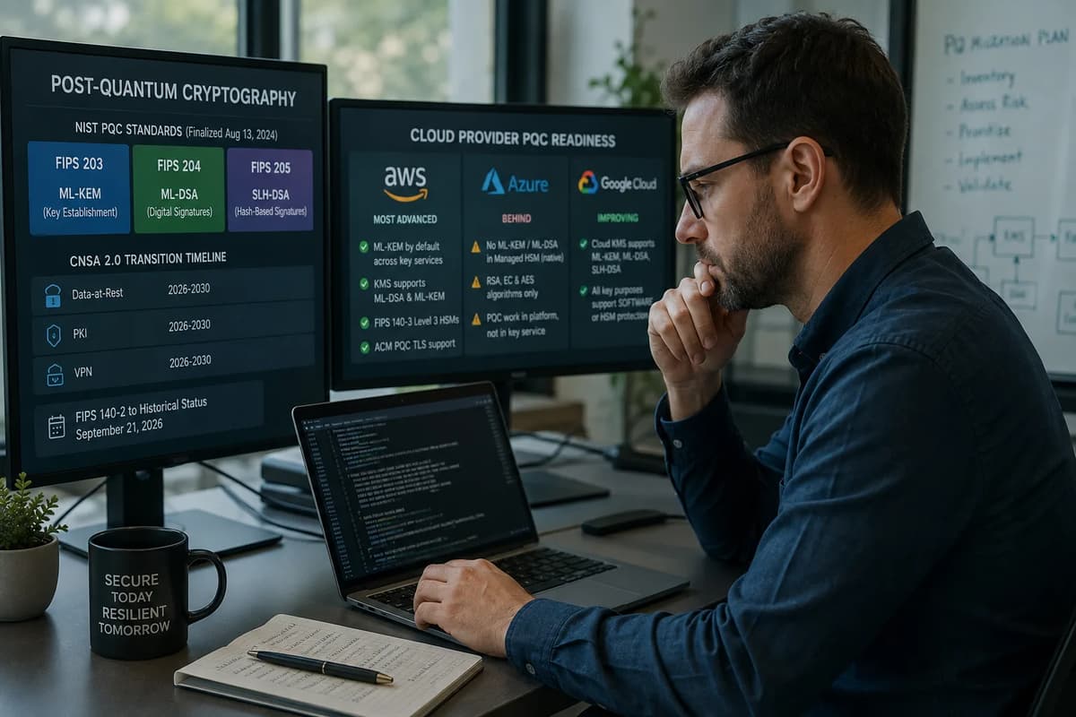 Cloud security engineer reviewing post-quantum cryptography readiness across AWS, Azure, and Google Cloud