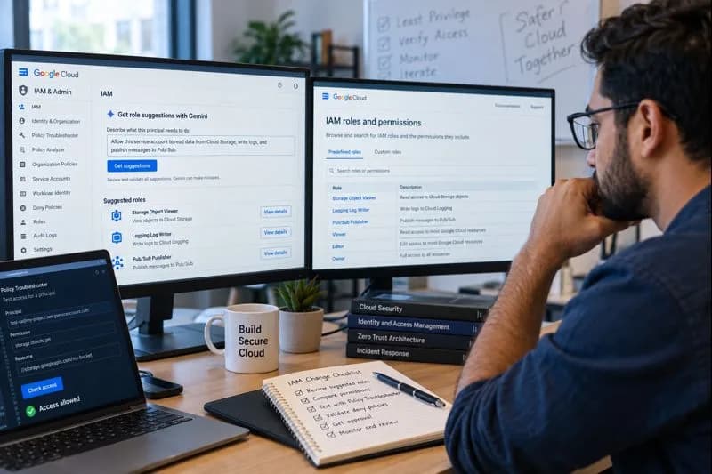 Cloud security engineer reviewing Gemini-assisted Google Cloud IAM role recommendations and permissions on multiple monitors